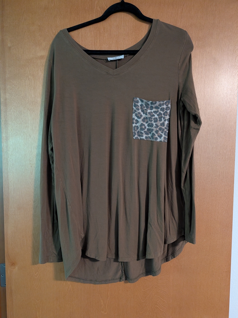 Zenana Outfitters Olive Long Sleeve V-Neck Top with Leopard Pocket